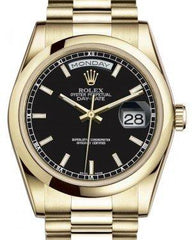 Rolex Day-Date 36 Yellow Gold Black Index Dial & Smooth Domed Bezel President Bracelet 118208