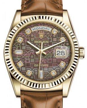 Rolex Day-Date 36 Yellow Gold Black Mother of Pearl Jubilee Diamond Dial & Fluted Bezel Cognac Leather Strap 118138