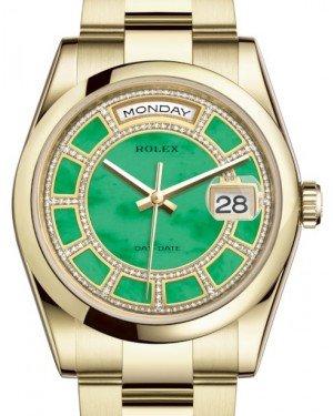 Rolex Day-Date 36 Yellow Gold Carousel of Green Jade Diamond Dial & Smooth Domed Bezel Oyster Bracelet 118208