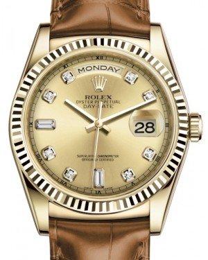 Rolex Day-Date 36 Yellow Gold Champagne Diamond Dial & Fluted Bezel Cognac Leather Strap 118138