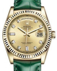Rolex Day-Date 36 Yellow Gold Champagne Diamond Dial & Fluted Bezel Green Leather Strap 118138