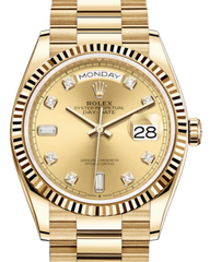 Rolex Day-Date 36 Yellow Gold Champagne Diamond Dial & Fluted Bezel President Bracelet 128238