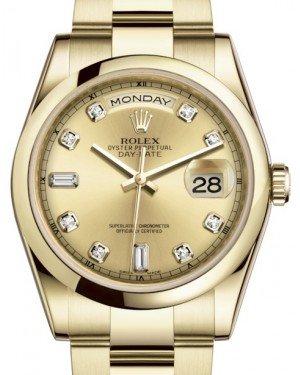 Rolex Day-Date 36 Yellow Gold Champagne Diamond Dial & Smooth Domed Bezel Oyster Bracelet 118208