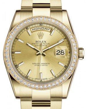 Rolex Day-Date 36 Yellow Gold Champagne Index Dial & Diamond Bezel Oyster Bracelet 118348
