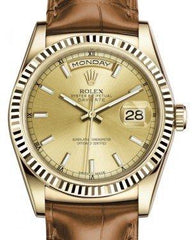 Rolex Day-Date 36 Yellow Gold Champagne Index Dial & Fluted Bezel Cognac Leather Strap 118138