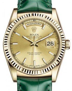 Rolex Day-Date 36 Yellow Gold Champagne Index Dial & Fluted Bezel Green Leather Strap 118138