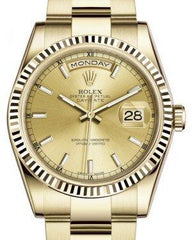 Rolex Day-Date 36 Yellow Gold Champagne Index Dial & Fluted Bezel Oyster Bracelet 118238