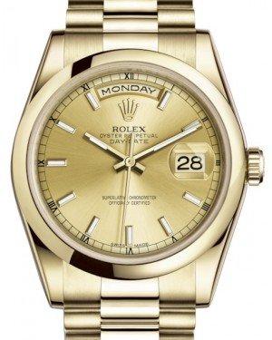 Rolex Day-Date 36 Yellow Gold Champagne Index Dial & Smooth Domed Bezel President Bracelet 118208