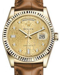 Rolex Day-Date 36 Yellow Gold Champagne Jubilee Diamond Dial & Fluted Bezel Cognac Leather Strap 118138