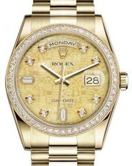 Rolex Day-Date 36 Yellow Gold Champagne Mother of Pearl Jubilee Diamond Dial & Diamond Bezel President Bracelet 118348