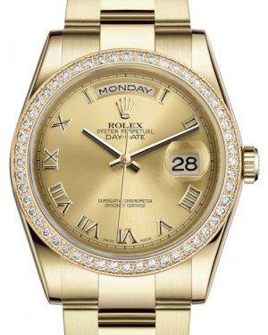 Rolex Day-Date 36 Yellow Gold Champagne Roman Dial & Diamond Bezel Oyster Bracelet 118348