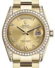 Rolex Day-Date 36 Yellow Gold Champagne Roman Dial & Diamond Set Case & Bezel Oyster Bracelet 118388