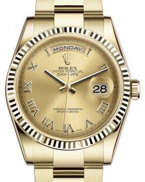 Rolex Day-Date 36 Yellow Gold Champagne Roman Dial & Fluted Bezel Oyster Bracelet 118238