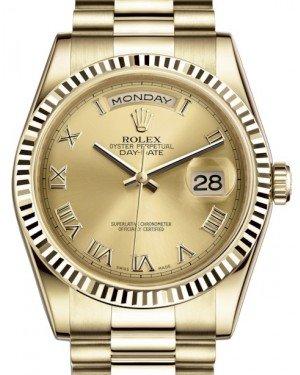 Rolex Day-Date 36 Yellow Gold Champagne Roman Dial & Fluted Bezel President Bracelet 118238