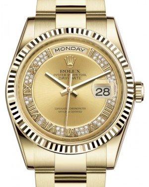 Rolex Day-Date 36 Yellow Gold Champagne Set with Diamonds Roman Dial & Fluted Bezel Oyster Bracelet 118238