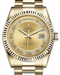 Rolex Day-Date 36 Yellow Gold Champagne Set with Diamonds Roman Dial & Fluted Bezel President Bracelet 118238
