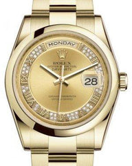 Rolex Day-Date 36 Yellow Gold Champagne Set with Diamonds Roman Dial & Smooth Domed Bezel Oyster Bracelet 118208