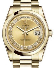 Rolex Day-Date 36 Yellow Gold Champagne Set with Diamonds Roman Dial & Smooth Domed Bezel President Bracelet 118208