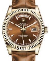 Rolex Day-Date 36 Yellow Gold Cognac Index Dial & Fluted Bezel Cognac Leather Strap 118138