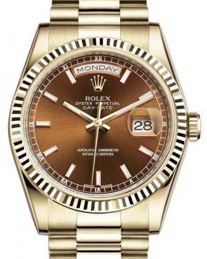 Rolex Day-Date 36 Yellow Gold Cognac Brown Index Dial & Fluted Bezel President Bracelet 118238