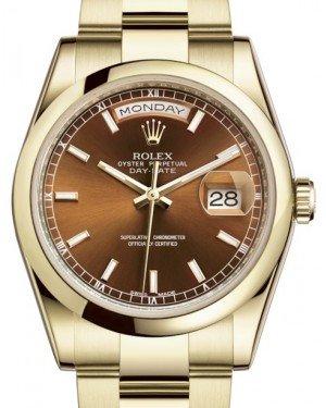Rolex Day-Date 36 Yellow Gold Cognac Index Dial & Smooth Domed Bezel Oyster Bracelet 118208