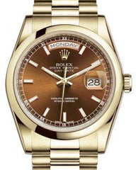 Rolex Day-Date 36 Yellow Gold Cognac Index Dial & Smooth Domed Bezel President Bracelet 118208
