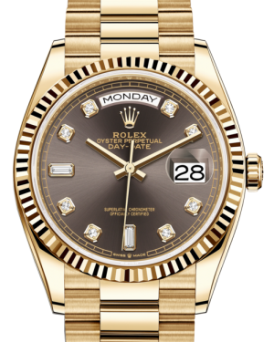 Rolex Day-Date 36 Yellow Gold Dark Grey Diamond Dial & Fluted Bezel President Bracelet 128238