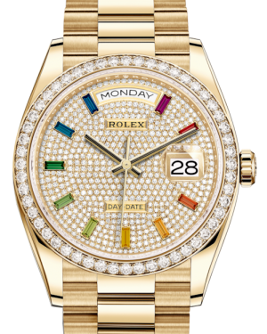 Rolex Day-Date 36 Yellow Gold Diamond Paved Rainbow Colored Sapphires Dial & Diamond Bezel President Bracelet 128348RBR