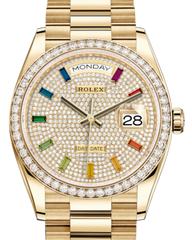 Rolex Day-Date 36 Yellow Gold Diamond Paved Rainbow Colored Sapphires Dial & Diamond Bezel President Bracelet 128348RBR