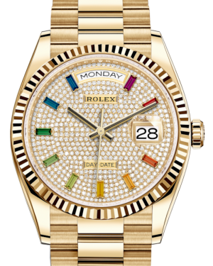 Rolex Day-Date 36 Yellow Gold Diamond Paved Rainbow Colored Sapphires Dial & Fluted Bezel President Bracelet 128238