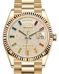 Rolex Day-Date 36 Yellow Gold Diamond Paved Rainbow Colored Sapphires Dial & Fluted Bezel President Bracelet 128238