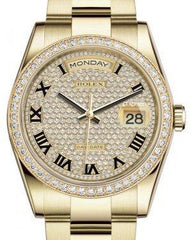 Rolex Day-Date 36 Yellow Gold Diamond Paved Roman Dial & Diamond Bezel Oyster Bracelet 118348