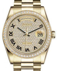 Rolex Day-Date 36 Yellow Gold Diamond Paved Roman Dial & Diamond Bezel President Bracelet 118348