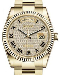 Rolex Day-Date 36 Yellow Gold Diamond Paved Roman Dial & Fluted Bezel Oyster Bracelet 118238