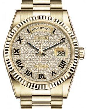 Rolex Day-Date 36 Yellow Gold Diamond Paved Roman Dial & Fluted Bezel President Bracelet 118238