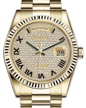 Rolex Day-Date 36 Yellow Gold Diamond Paved Roman Dial & Fluted Bezel President Bracelet 118238