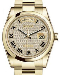 Rolex Day-Date 36 Yellow Gold Diamond Paved Roman Dial & Smooth Domed Bezel Oyster Bracelet 118208