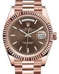 Rolex Day-Date 40 Rose Gold Chocolate Diagnonal Motif Index Dial & Fluted Bezel President Bracelet 228235 - New