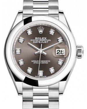 Rolex Lady Datejust 28 Platinum Dark Grey Diamond Dial & Smooth Domed Bezel President Bracelet 279166