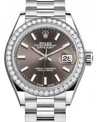 Rolex Lady Datejust 28 Platinum Dark Grey Index Dial & Smooth Domed Bezel President Bracelet 279136RBR