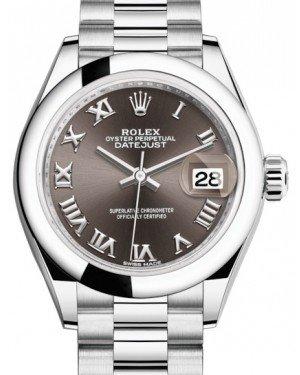 Rolex Lady Datejust 28 Platinum Dark Grey Roman Dial & Smooth Domed Bezel President Bracelet 279166