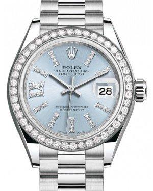 Rolex Lady Datejust 28 Platinum Ice Blue Diamond Index/Roman IX Dial & Smooth Domed Bezel President Bracelet 279136RBR