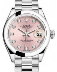 Rolex Lady Datejust 28 Platinum Pink Diamond Dial & Smooth Domed Bezel President Bracelet 279166