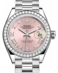 Rolex Lady Datejust 28 Platinum Pink Roman Dial & Smooth Domed Bezel President Bracelet 279136RBR