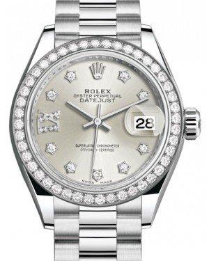 Rolex Lady Datejust 28 Platinum Silver Diamond IX Dial & Smooth Domed Bezel President Bracelet 279136RBR