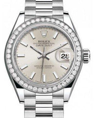 Rolex Lady Datejust 28 Platinum Silver Index Dial & Smooth Domed Bezel President Bracelet 279136RBR