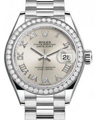 Rolex Lady Datejust 28 Platinum Silver Roman Dial & Smooth Domed Bezel President Bracelet 279136RBR