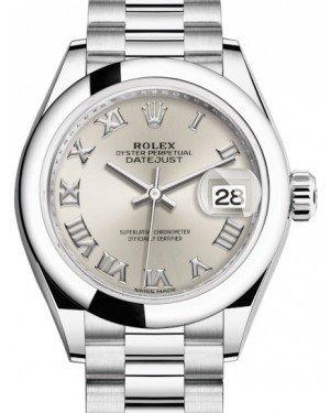 Rolex Lady Datejust 28 Platinum Silver Roman Dial & Smooth Domed Bezel President Bracelet 279166