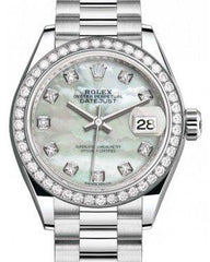 Rolex Lady Datejust 28 Platinum White Mother of Pearl Diamond Dial & Smooth Domed Bezel President Bracelet 279136RBR