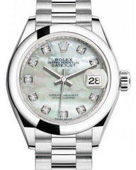 Rolex Lady Datejust 28 Platinum White Mother of Pearl Diamond Dial & Smooth Domed Bezel President Bracelet 279166